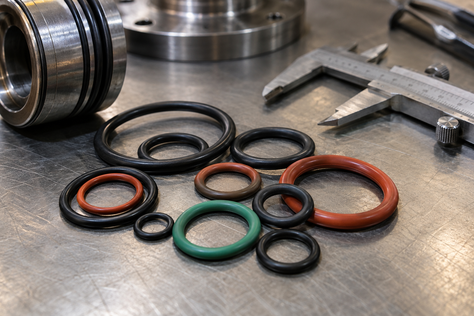 Different O-Ring materials and sizes with a measuring caliper for industrial seal selection